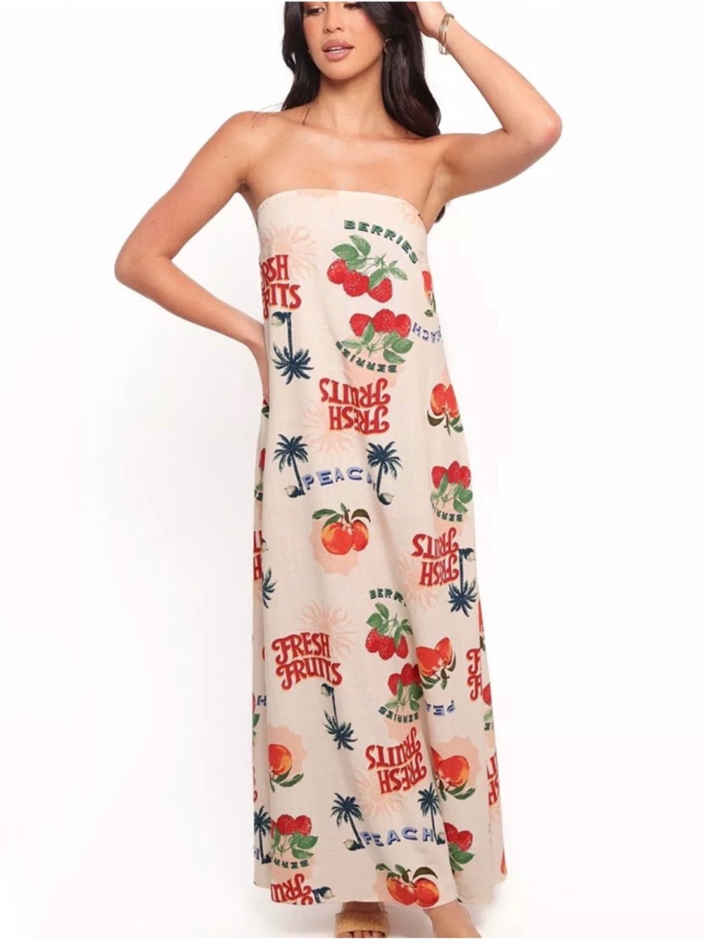 Strapless Cream Maxi Dress with Fresh Fruits Print